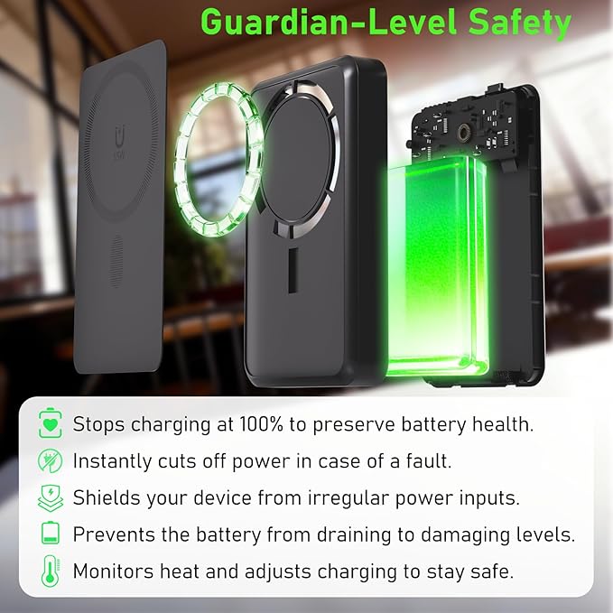 Magnetic Power Bank 10000mAh, 4-in-1 Portable Charger with Built-in USB-C/Lightning Cable Foldable Stand, 15W Fast Wireless Charging Battery Pack for Samsung, Android, iPhone, Travel Essential