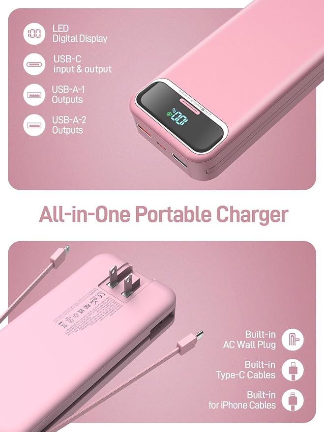 Portable Charger, 20000mAh 22.5W Fast Charging Power Bank with Built-in Cables & Wall Plug, Travel Essential External Battery Pack with LED Display, USB C Battery Phone Charger for iPhone Samsung Pink
