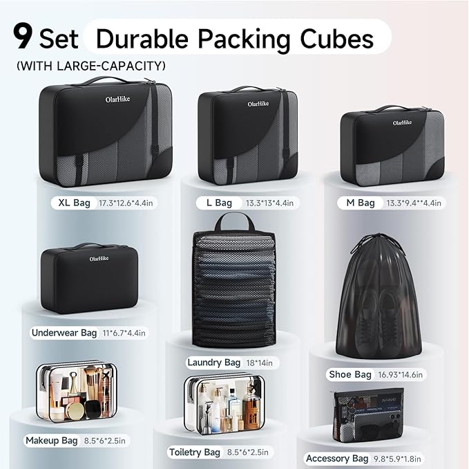 9 Set Packing Cubes for Travel, Gifts for Women Mom,Anti-Tearing Suitcase Organizer,OlarHike Vacation Essentials & Accessories for Cruise Ship