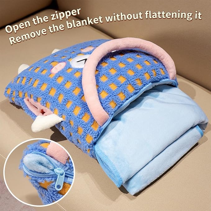 Plush Warm Hand Pillow with 67 * 59 Inch Compact Travel Blanket Warm Lambswool Pillow Portable 3 in 1 Combo Nap Pillow Blanket Plush Throw Pillow for Home Office（Blue 15inch）