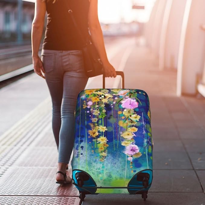 Travel Luggage Cover Suitcase Protector, Abstract Spring Flower Watercolor Suitcase Cover Washable Elastic Anti-scratch Luggage Cover with Concealed Zipper for Wheeled Suitcase Fits 22-24 Inch Luggage