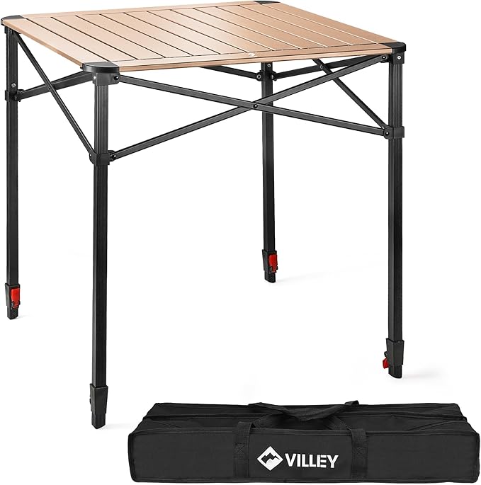 VILLEY Folding Camping Square Table with Carry Bag, Lightweight Aluminum Adjustable Square Table for Outdoor, Camping, Picnic, Backyards, BBQ, Large
