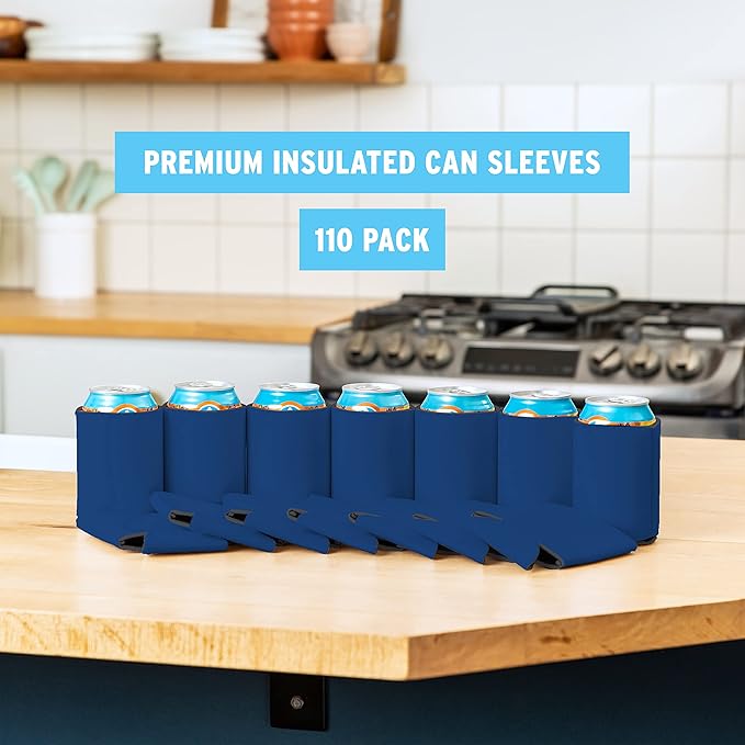Blank Beer Can Cooler Sleeves (110-Pack) - Soft Insulated Coolies, HTV Friendly Koolies in Bulk for Cans & Bottles - Coolie Blanks for Vinyl Projects & Wedding Favors (Royal Blue)