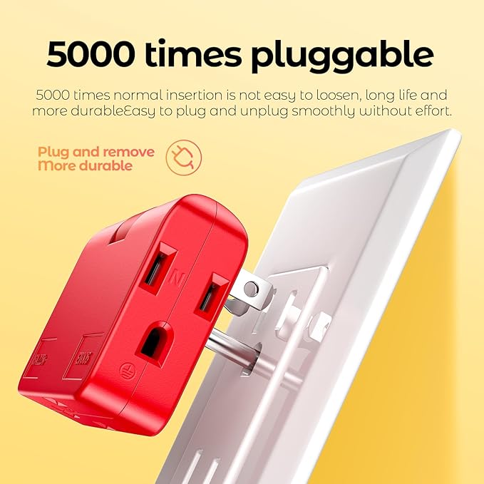 Red 3-Prong Outlet Splitter & Plug Extender - Converts 2 to 3 & 3 to 2 Prong, Multi-Plug Wall Adapter, Side Plugs for Wall Outlet, Rotating Outlet Adapter, 2 Pack