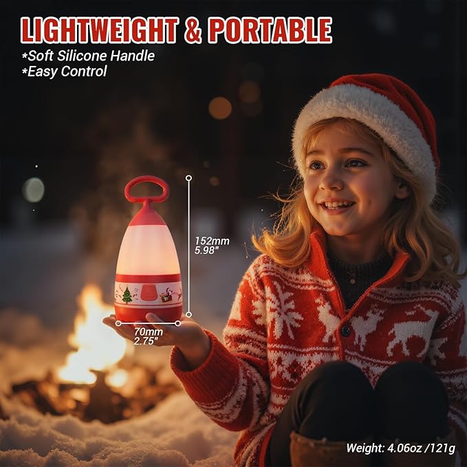 Kids Camping Lantern with Christmas Santa Sleigh Battery Powered (3×AAA Included), 3 Mode Eye Prptecting Night Light, IPX4 Waterproof Silicone Handle Tent Light for Children Gifts (2-Pack)