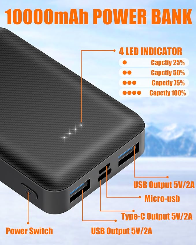 CYCYHEAT 10000mAh Battery Pack for Heated Vest Jacket Coat Pants and Heating Underwear, 5V2A Heated Clothing Replacement Battery Pack (Black, 5V2A USB Port 10000mAh)
