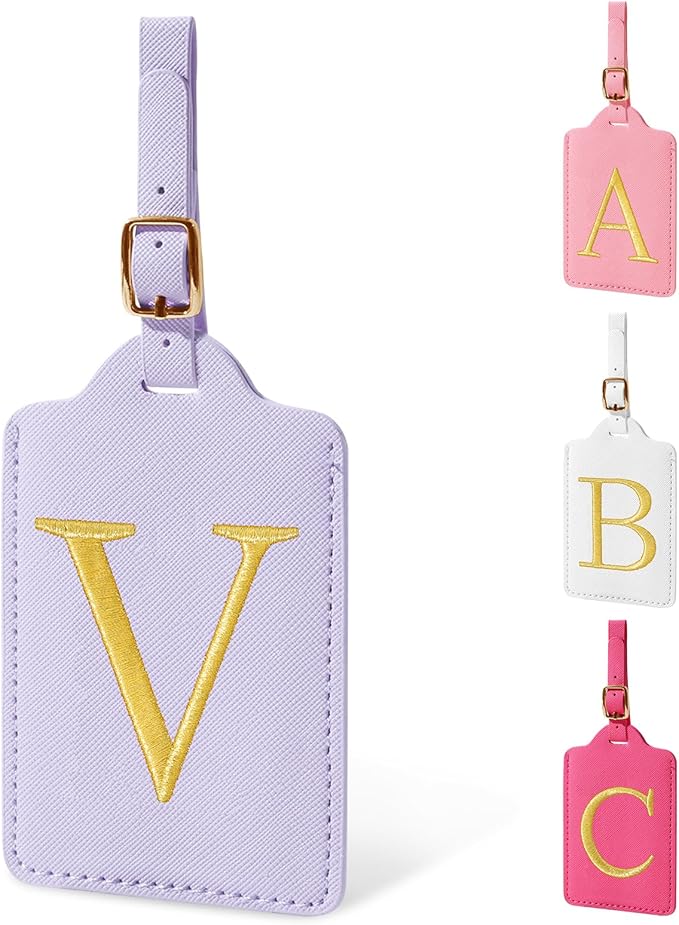 Personalized Initial Luggage Tags for Suitcase, Purple Leather Cute Luggage Tags with Privacy Cover Name Card, Embroidered Custom Monogrammed Luggage Tag Travel Backpack Tags Gifts for Women Kids(V)
