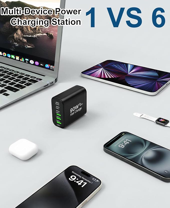 90W GaN USB C Charger Block [2 Pack],6-Port USB C Wall Charger Fast Charging 45W PD Power Adapter for MacBook Air/iPad Pro/iPhone 17Pro Max/Samsung Galaxy S24 Ultra/Tabs for Home Travel