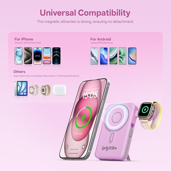 Magnetic Portable Charger Built-in Cables,10000mAh Fast Charging Wireless Charger Station External Battery Pack Slim Pocket Size Power Bank with Stand Compatible with iWatch, iPhone
