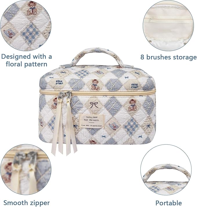 Gosect Large Makeup Bag, Cute Cosmetic Bag for Women Girls, Floral Coquette Aesthetic Toiletry Bag, Travel Make Up Organizer Bag (Check Bear)
