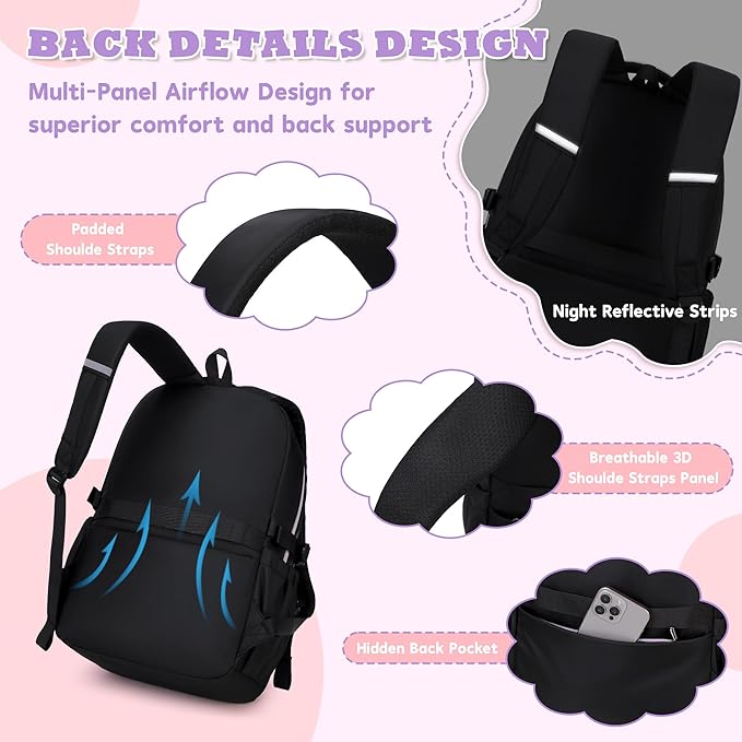 Kids Backpack, Backpack for Girls for Elementary School Multiple Pockets Ages 6-10(Black)