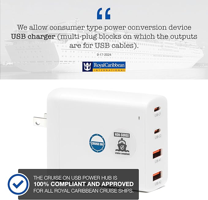 Cruise Approved Power Strip (Royal Caribbean, Disney & More) - Non Surge Charger [2 USB, 2 USB-C] 4-Port Charging Block w/Foldable Plug for iPhone, iPad, Laptops & More - Cruise Ship Essentials 2026
