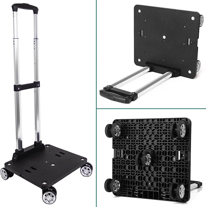 Foldable Black Aluminum Backpack Cart with 5 Swivel Wheels, Large Base, Ideal for Large Backpacks, Pet Carriers, Laptop Bags