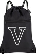 HOLYLUCK Drawstring Bags Initial Backpack Sackpack Cinch Bags for Sports, Gym, Travel, Beach (Black-V)