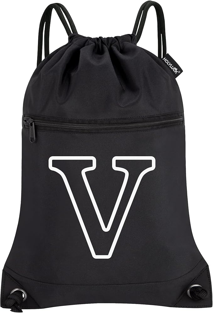 HOLYLUCK Drawstring Bags Initial Backpack Sackpack Cinch Bags for Sports, Gym, Travel, Beach (Black-V)
