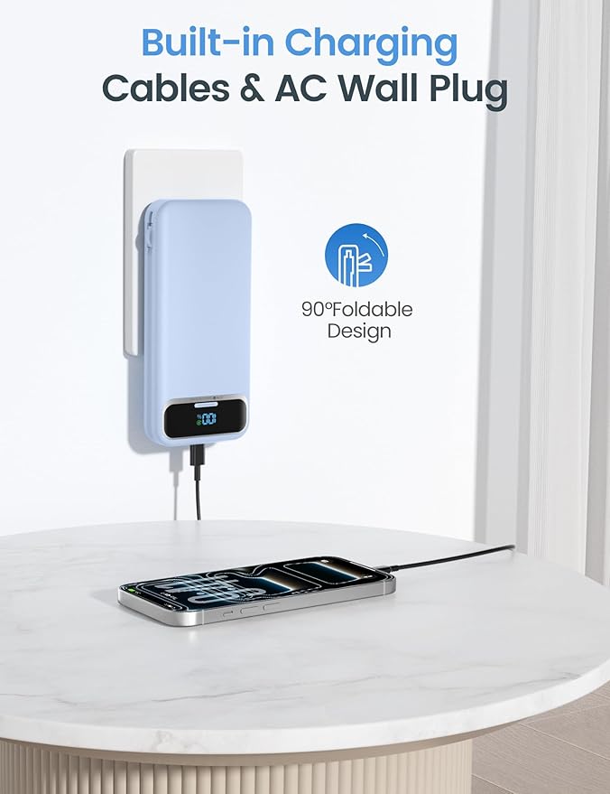 12000mAh Lightweight-Portable-Charger-Power-Bank with Built-in Cables and AC Wall Plug, PD20W USB-C Fast Charging Battery Pack, LED Display External Travel Phone Charger for All iPhone,Samsung,Android