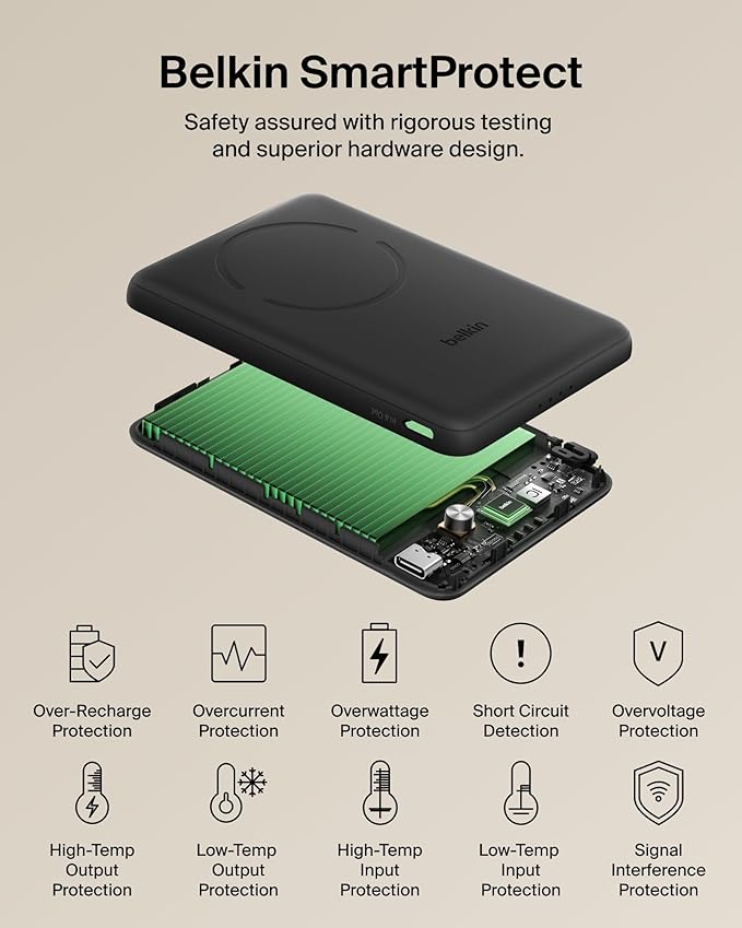 Belkin MagSafe Power Bank 5,000mAh, Ultra-Slim Portable Charger Magnetic Back Supports MagSafe Accessories On-The-Go, Wireless Battery Pack w/USB C Cable for iPhone 17, Pixel 10, Travel - Black