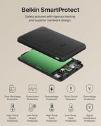 Belkin MagSafe Power Bank 5,000mAh, Ultra-Slim Portable Charger Magnetic Back Supports MagSafe Accessories On-The-Go, Wireless Battery Pack w/USB C Cable for iPhone 17, Pixel 10, Travel - Black