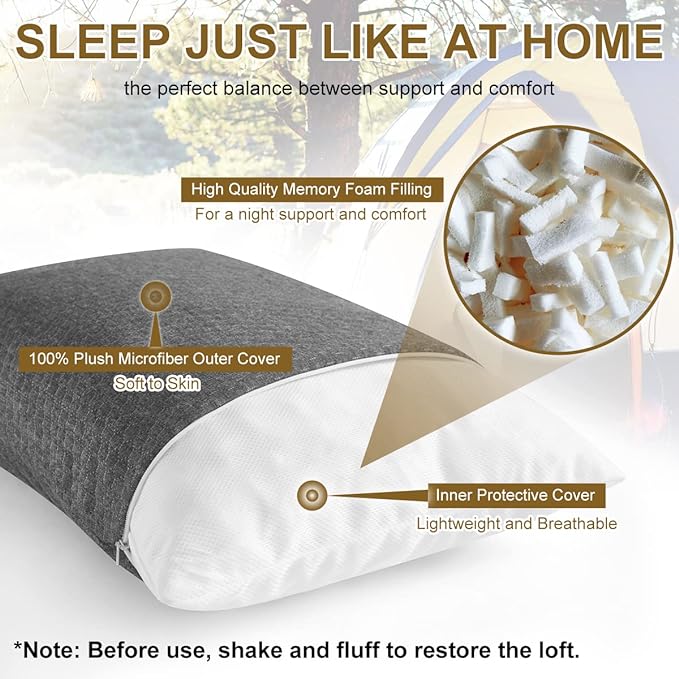 Ivellow Travel Pillow Camping Pillow for Sleeping Small Shredded Memory Foam Pillow Compressible Compact Medium Firm, Soft Breathable Cover,Supportive for Outdoor Car Backpacking Hiking Essential Gear
