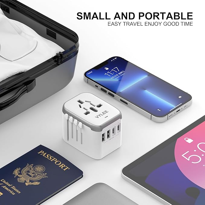 VYLEE Universal International Power Travel Plug Adapter, 5 in 1 European Travel Plug Adapter W/ 3.5A 2xUSB-A and 2xUSB C Wall Charger and Worldwide AC Outlet for Europe USA UK AUS Asia (White Grey)