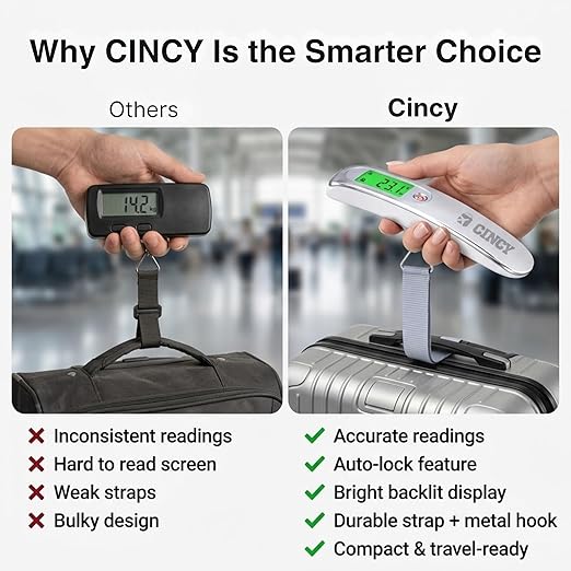CINCY Digital Luggage Scale 110lb/50kg – High-Accuracy Travel Luggage Weight Scale with Backlit LCD, Auto-Lock, 4 Units & Durable Strap – Portable Suitcase Scale for Travel & Baggage Fee Prevention