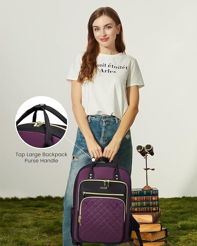 LOVEVOOK Laptop Backpack Purse for Women, 17" Laptop Bag with USB Port, Water Resistant Lightweight Daypacks for College Travel Work Business, Nurse Teacher Computer Bags, Purple Black