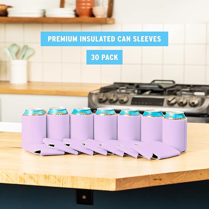 Blank Beer Can Coolers Sleeves (30-Pack) Soft Insulated Beer Can Coolies - HTV Friendly Plain Koolies in Bulk for Beer Cans & Bottles - Coolie Blanks for Vinyl Projects & Wedding Favors (Lavander)