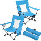 Joyfair Beach Camping Chair (2 Pack), Outdoor Folding Lawn Chair for Adults, Heavy Duty Portable Chair with Armrest for Outside Fishing, Sport, Patio, Cup Holder & Storage Pocket, Carry Bag (Blue)