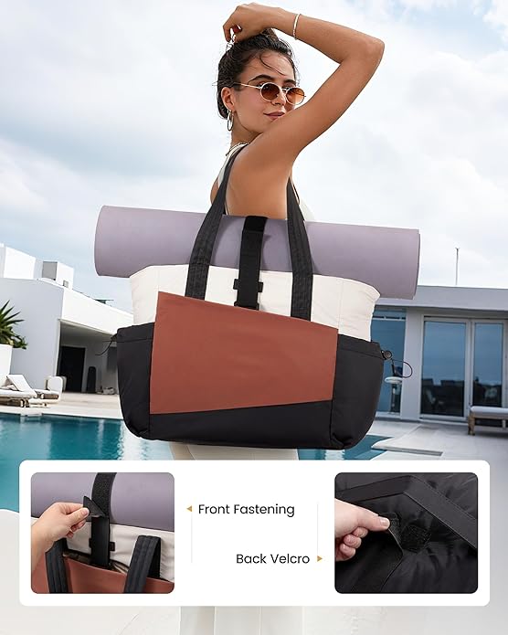 LOVEVOOK Gym Tote Bag for Women, Puffy Yoga Mat Bag with Large Cup Holder & Wet Pocket, Work Nurse Bag for Travel Workout