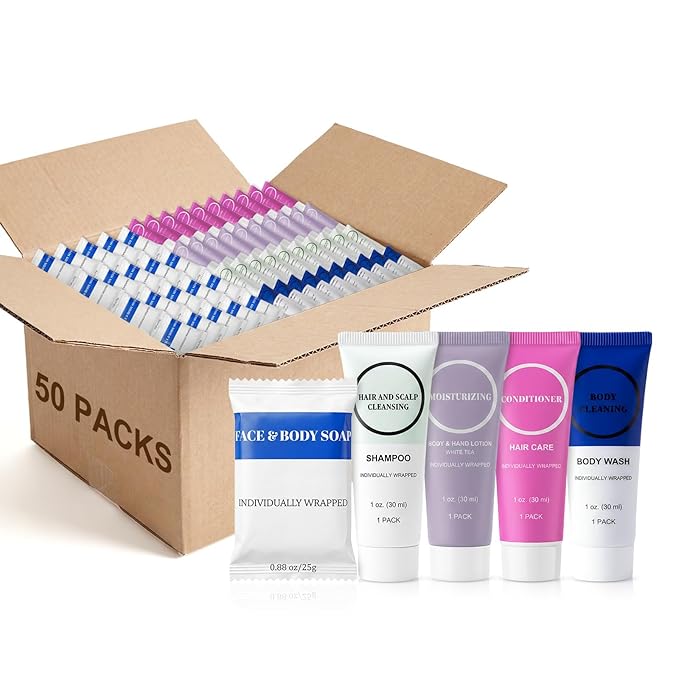 Toiletries Individually Wrapped Set Bulk, Travel Size 1 Fl oz Mini Body Wash Body Lotion Shampoo Conditioner 0.88 oz Bars Soap Toiletry Kit Guest Amenities for Hotel/Shelter/Homeless (Pack of 50)