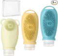 3 PCS Silicone Travel Bottles, 100 ml Leak-Proof Refillable Toiletry Containers with Massage Brush & PVC Zipper Bag, Squeezable Bottles for Shampoo, Body Wash & Facial Cleanser