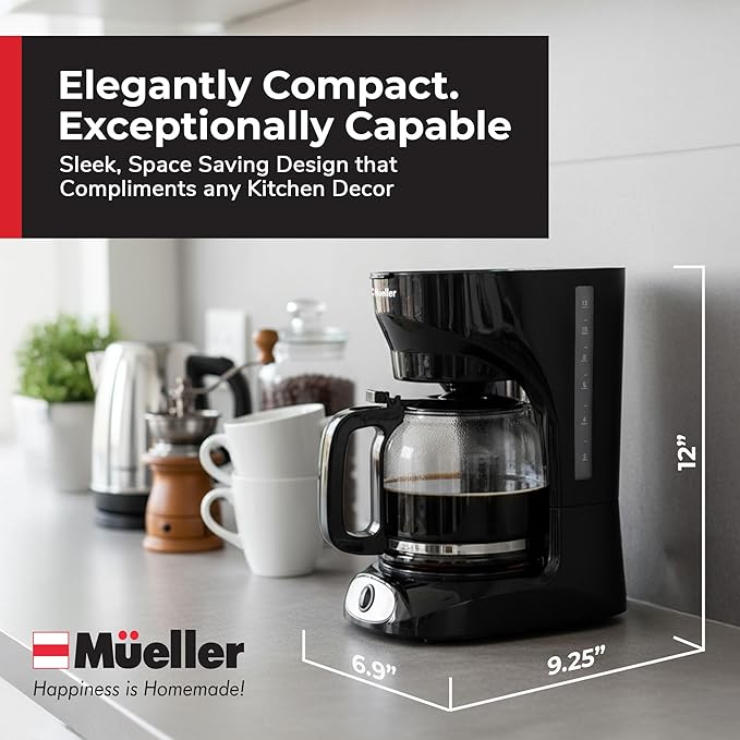Mueller 12-Cup Drip Coffee Maker - Borosilicate Carafe, Auto-Off, Reusable Filter, Anti-Drip, Keep-Warm Function, Clear Water Level Window Coffee Machine, Kitchen Essentials & Accessories