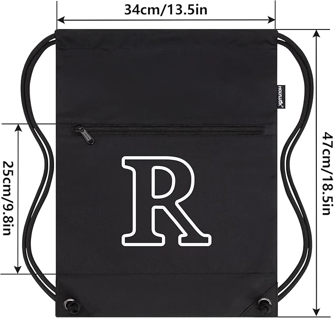 HOLYLUCK Drawstring Bags Initial Backpack Sackpack Cinch Bags for Sports, Gym, Travel, Beach (Black-R)
