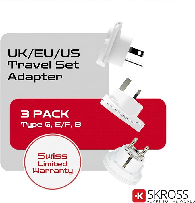 SKROSS World Travel Adapter Set 3-Pack — USA, UK & Europe Plug Adapters, Swiss-Engineered Country Travel Adapter Bundle, White