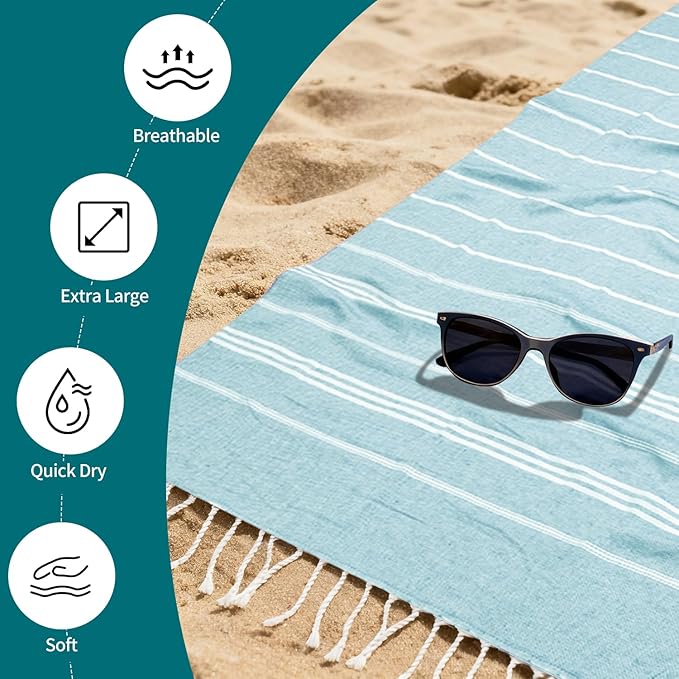 YSYJ 24 Pack Turkish Beach Towel 36"x71" Beach Towels Oversized Bath Towels Sand Free Quick Dry Turkish Towel Bulk Extra Large Pool Blanket Blue