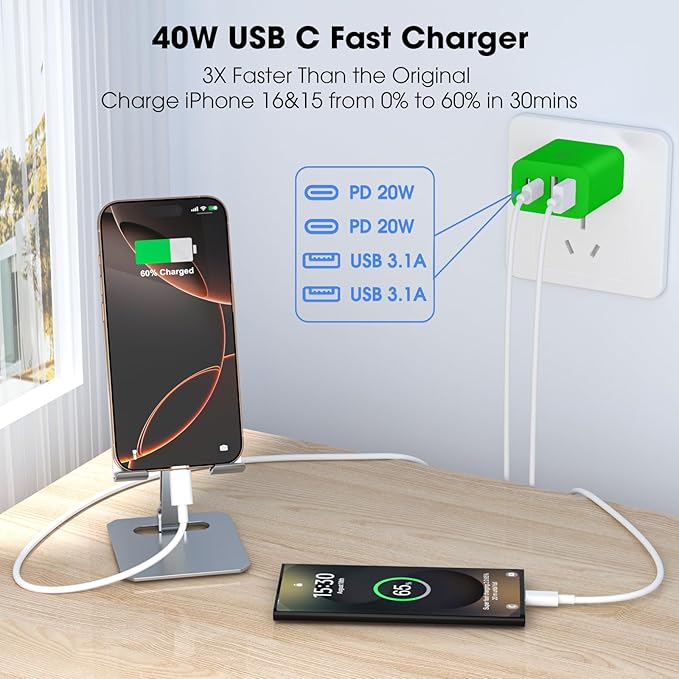 USB C Charger Block, 2 Pack 40W 4-Port iPhone Charger Fast Charging Multiport PD 3.0 & QC 4.0 Double Quick Charge, Compatible with iPhone 17/16/15/14/13/12/11，Pro Max，iPad, Samsung (2, Dark Green)