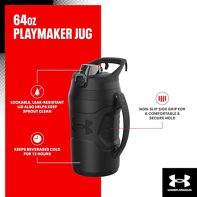 Under Armour Insulated Water Bottle with Handle & Fence Hook, Half Gallon Sports Water Jug, Leak-Resistant & BPA-Free for Baseball, Football & Gym - Academy/Black, 64oz