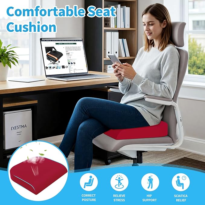 TranquilRelax Large Seat Cushion, Memory Foam Cushion for Long Sitting Hours on Office Chair, Home & Car, Non-Slip Chair Pad for Relieving Back & Sciatica & Hip & Coccyx Pain (Red)
