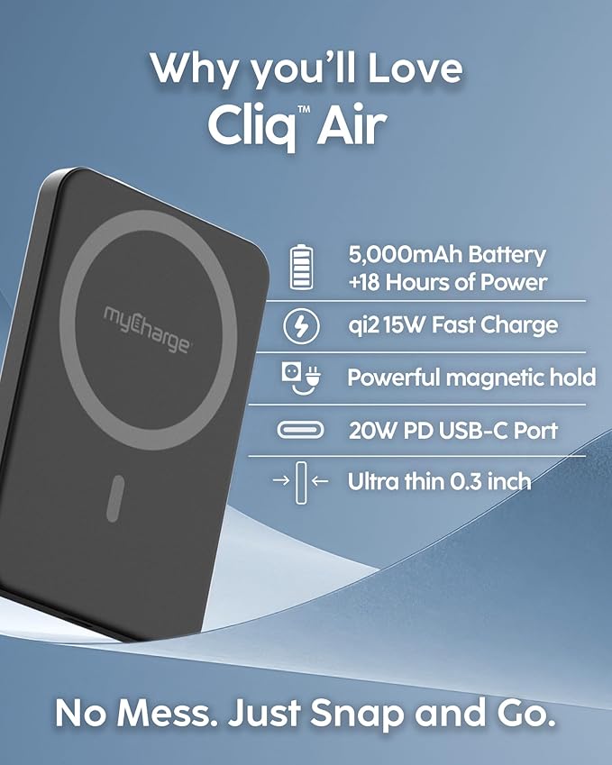 myCharge CliqAir 5000mAh Magnetic Power Bank – Ultra-Thin 0.3" Design | 15W Qi2 Fast Wireless Charging | 20W PD USB-C Port | Powerful Magnetic Hold | Perfect for Travel, Work, or Everyday Use | Black