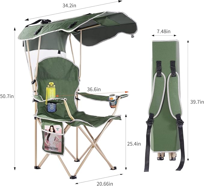 VTOY Portable Camping Chair with Canopy - Folding Chair with Canopy, Durable 600D Oxford Canopy Chair for Camping, Beach, Picnics, Fishing & Sports