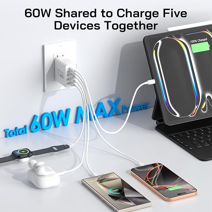 2Pack USB C Fast Charger Block, Total 60W 5-Port USB C Wall Charger 30W Type C Charging Block, 2USB C+3USB A PD 3.0 Multiport Charging Cube for iPhone 17 16 15 14 Pro Max, G-alaxy S26 S25 Ultra, i Pad