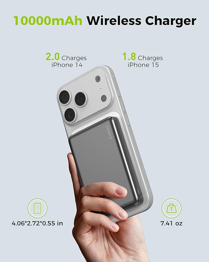 CHARCO Magnetic Power Bank for Magsafe Fast Charging, 10000mAh Wireless Portable Charger with Ultra Slim & Lightweight, Compatible with iPhone 17/16/15/14/13 Series,Travel Essential