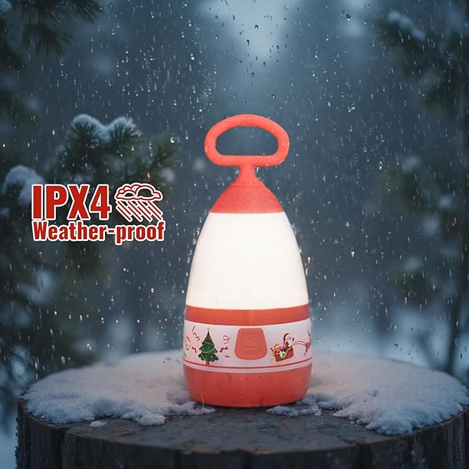 Kids Camping Lantern with Christmas Santa Sleigh Battery Powered (3×AAA Included), 3 Mode Eye Prptecting Night Light, IPX4 Waterproof Silicone Handle Tent Light for Children Gifts (2-Pack)