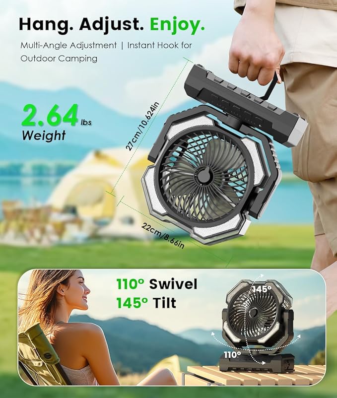 Camping Misting Fan - Portable Rechargeable Fan with 8.9oz Tank, Light, Hook - Battery Power 120H MAX Working, Fast Cooling, 4 Speed, Timer, Sleep Mode, for Outdoor, Travel, Patios, Beach
