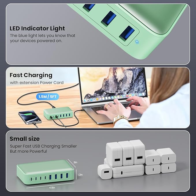 USB C Charger 200W USB C Charger Block,Upgraded GaN III 8-Port Fast Charging Station Hub,PD 65W Laptop Charging Adapter Compatible with MacBook Pro/Air,DELL,Steam Deck,iPhone 16/15/14,Galaxy S23/22