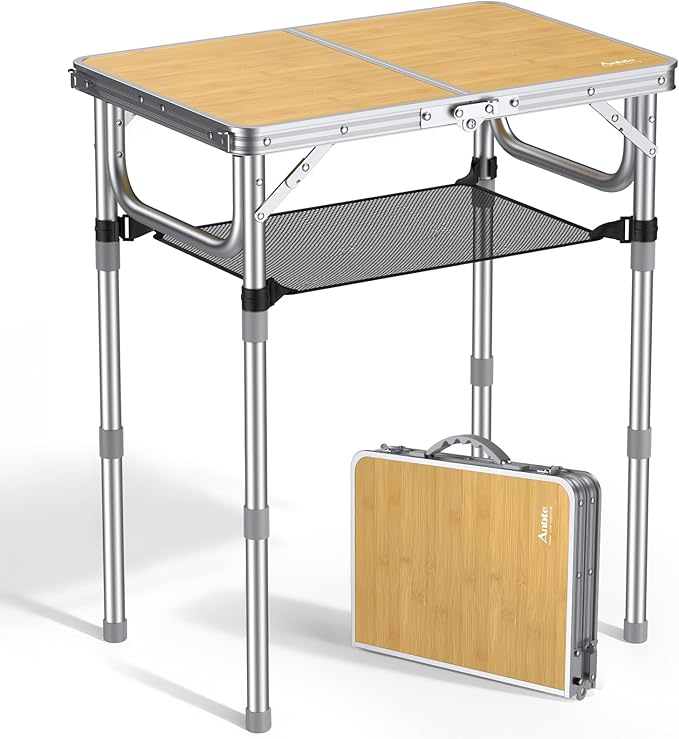 Anbte 2ft Camping Table Foldable, 3 Adjustable Heights High 27.5" Aluminum Small Folding Table with Carrying Handle, Portable, for Outdoor Indoor Picnic Beach BBQ Travel, 24" x 16", Light Oak Grain