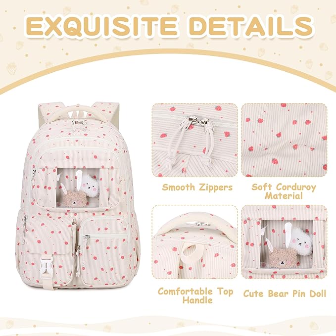 PIG PIG GIRL Corduroy Backpack Kids Backpack for Girls School Bags for Middle School Students Book Bag for Elementary Primary Kawaii Ita Backpack, Beige Strawberry