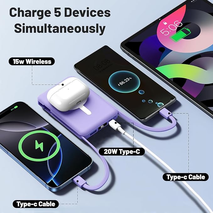 Azmuth for MagSafe Portable Charger, 10000mAh Magnetic Power Bank with 20W PD USB-C Fast Charging LED Display for MagSafe Battery Pack, Magnetic Travel Charger for iPhone 17/16/15/14/13/12 Series