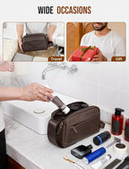 PU Leather Toiletry Bag for Men - Water Resistant Travel Bag for Toiletries, Bathroom Essentials, Accessories - Dark Brown