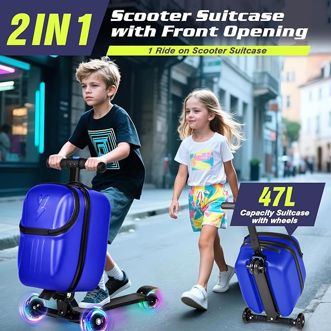 smilesun Top Opening Scooter Luggage for Kids & Adults，Foldable Scooter Suitcase with Front Opening，Lightweight Carry On Riding Suitcase For Children Teenagers Adults（21" Blue）